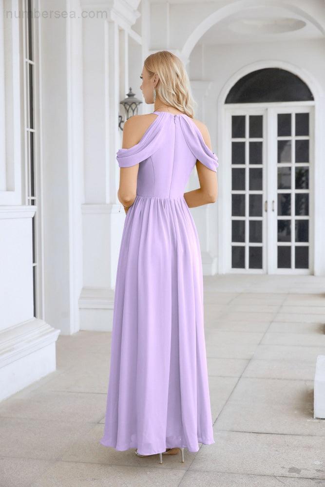 Ladies Chiffon Off Shoulder Swing Sleeve Front Slit Bridesmaid Evening Dress Wedding Party Evening Dress 28117-numbersea