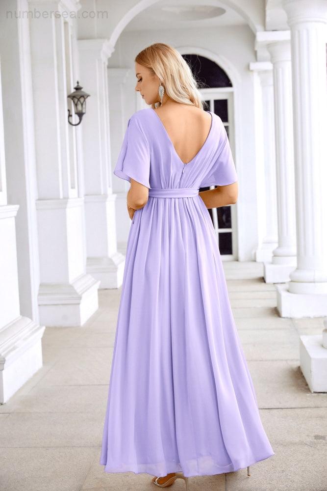 Ladies Chiffon Sleeve Crew Neck Front Slit Floor Length Bridesmaid Evening Dress Wedding Party Evening Dress 28124-numbersea