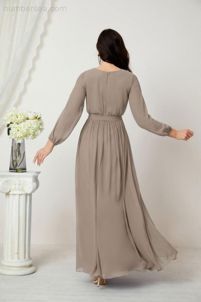 Numbersea Evening Dresses Deep V-Neck Chiffon Bridesmaid Dresses Long Bishop Sleeve Side Split Formal Dress 2806-numbersea
