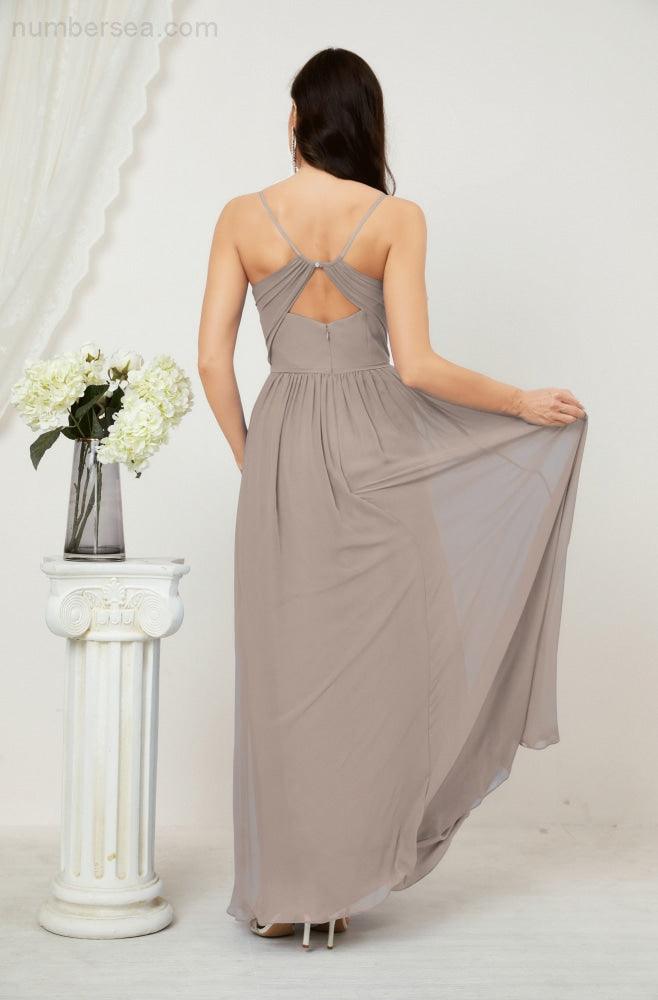 Numbersea Neck Bridesmaid Dresses Chiffon Long Spaghetti A-Line Formal Prom Gown For Wedding Party