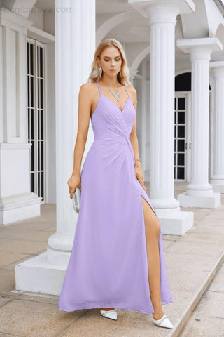 Ladies Chiffon Spaghetti Strap V Neck Front Slit Floor Length Bridesmaid Evening Dress Prom Party Wedding Evening Dress 28116-numbersea
