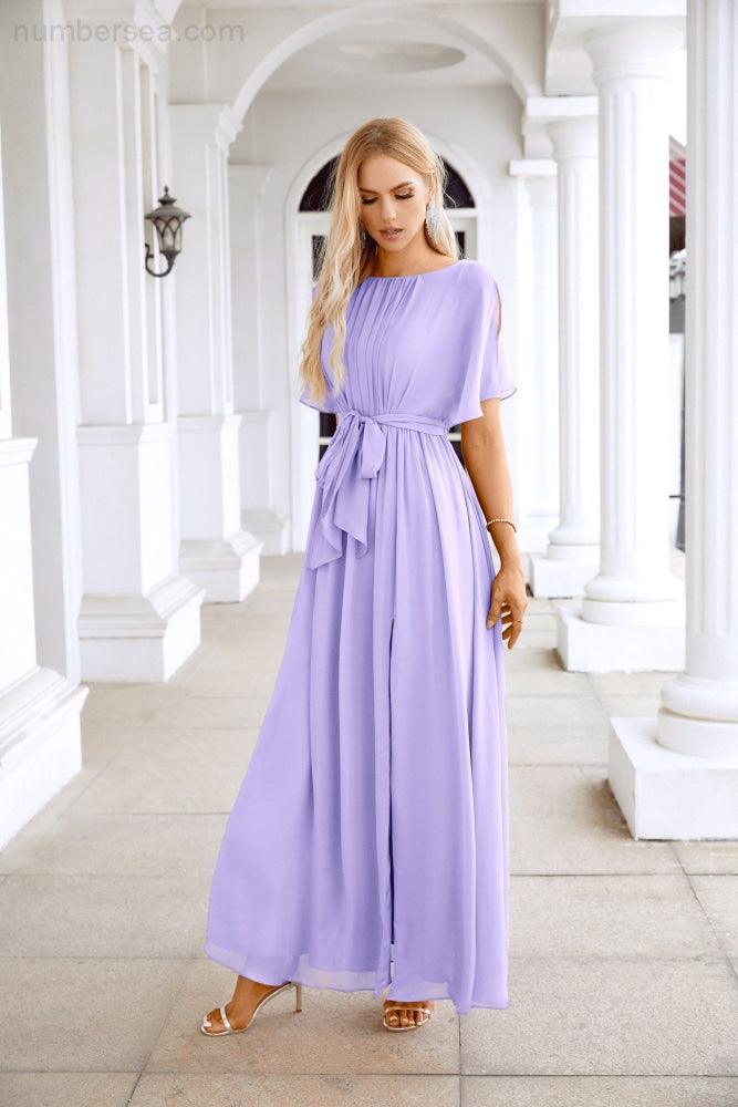 Ladies Chiffon Sleeve Crew Neck Front Slit Floor Length Bridesmaid Evening Dress Wedding Party Evening Dress 28124-numbersea