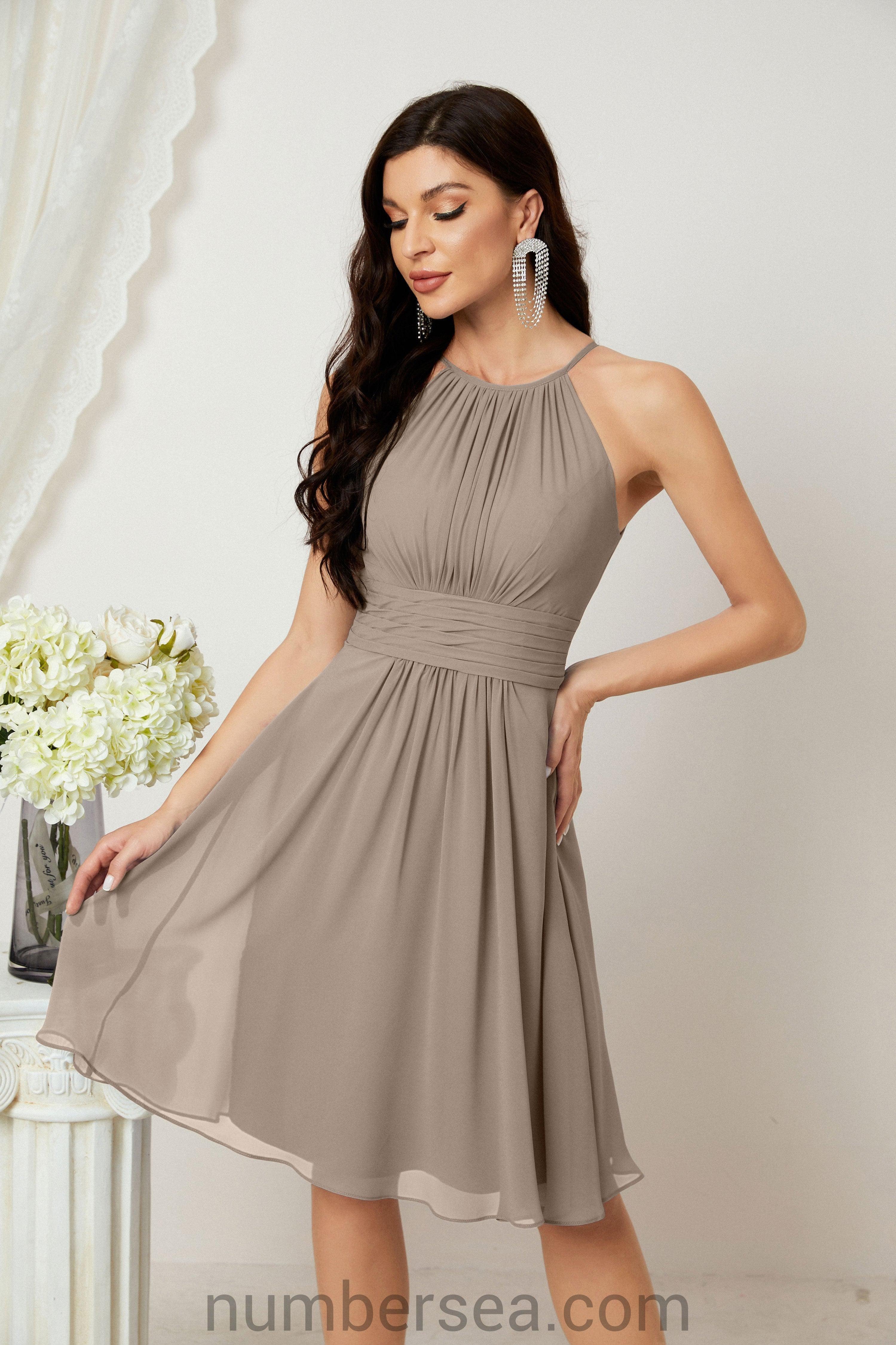 Halter Bridesmaid Dresses Knee Length A Line Formal Evening Party Cocktail Dress 28011