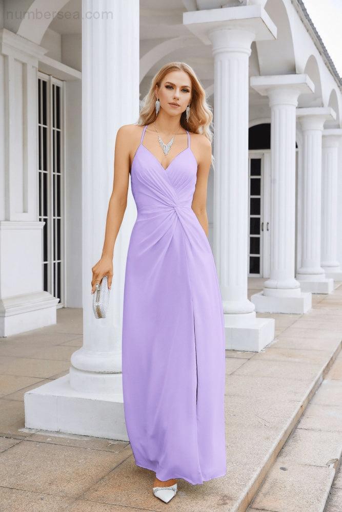 Ladies Chiffon Spaghetti Strap V Neck Front Slit Floor Length Bridesmaid Evening Dress Prom Party Wedding Evening Dress 28116-numbersea