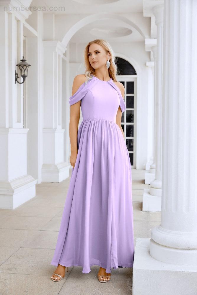 Ladies Chiffon Off Shoulder Swing Sleeve Front Slit Bridesmaid Evening Dress Wedding Party Evening Dress 28117-numbersea