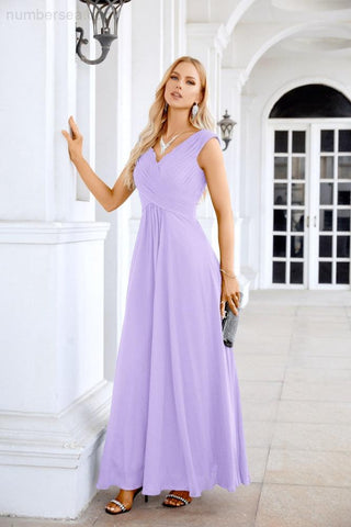 Ladies Chiffon V Neck Sleeveless Floor Length Bridesmaid Evening Dress Wedding Party Evening Dress 28126-numbersea
