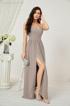 Numbersea Neck Bridesmaid Dresses Chiffon Long Spaghetti A-Line Formal Prom Gown For Wedding Party