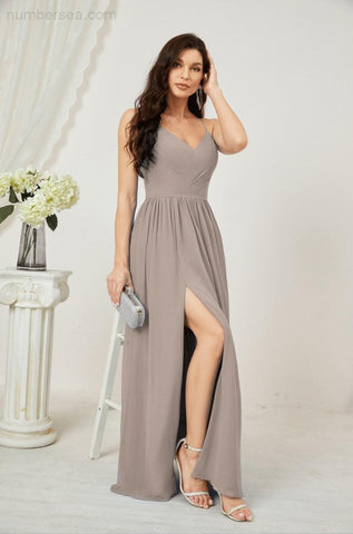 Numbersea Neck Bridesmaid Dresses Chiffon Long Spaghetti A-Line Formal Prom Gown For Wedding Party