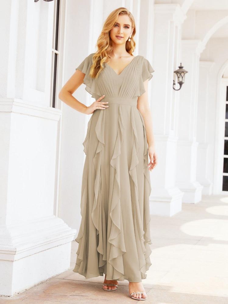 Ruffled Bridesmaid Dresses with Sleeves Long Formal Party Dress 28041-numbersea