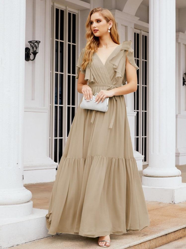 Numbersea Women's Open Back Formal Evening Party Prom Gowns V-Neck Long Chiffon Bridesmaid Dresses with Waist Belt 28038-numbersea
