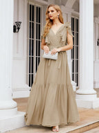 Numbersea Women's Open Back Formal Evening Party Prom Gowns V-Neck Long Chiffon Bridesmaid Dresses with Waist Belt 28038-numbersea