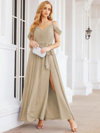 Numbersea Off The Shoulder Chiffon Bridesmaid Dress Long Formal Graduation Gown with Cowl Back 28069-numbersea