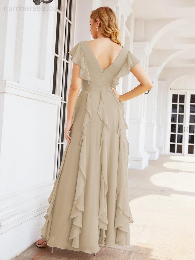 Ruffled Bridesmaid Dresses with Sleeves Long Formal Party Dress 28041-numbersea