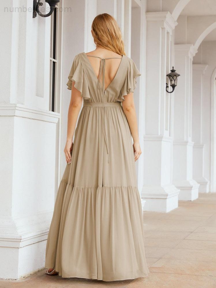 Numbersea Women's Open Back Formal Evening Party Prom Gowns V-Neck Long Chiffon Bridesmaid Dresses with Waist Belt 28038-numbersea