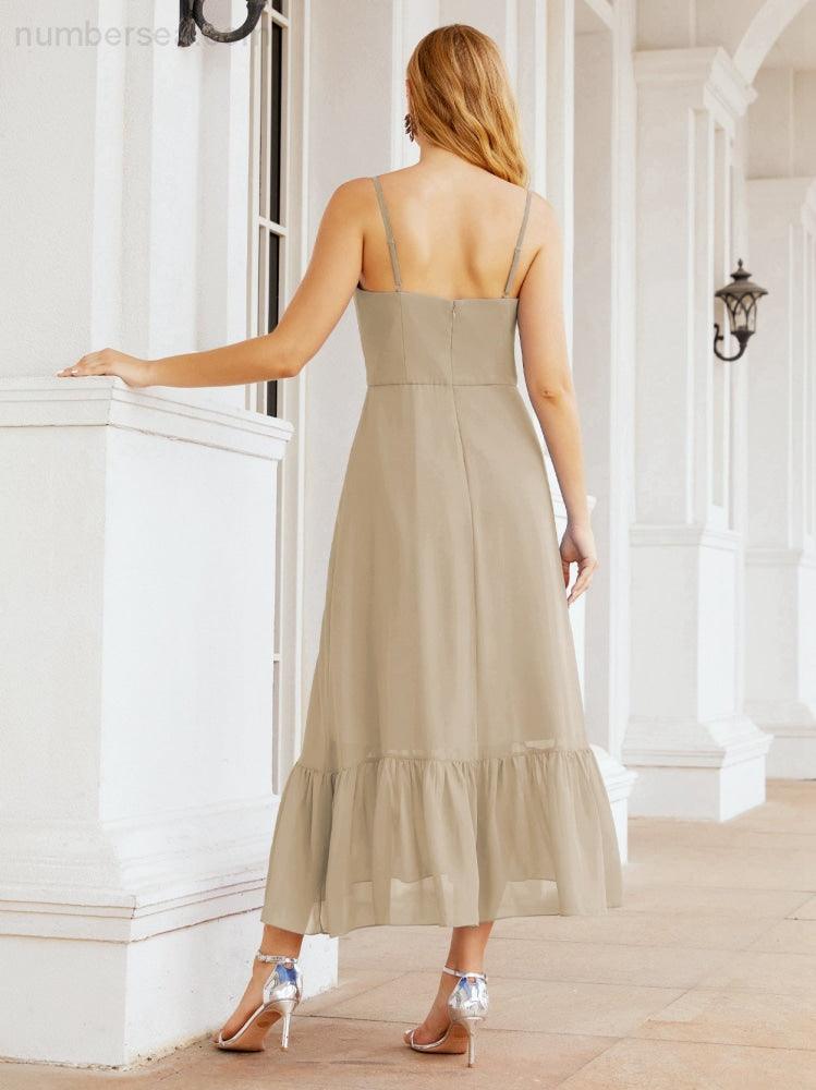 Numbersea Women Strap Chiffon Bridesmaid Dress Ankle Length Sleeveless Blackless Ruffle A Line