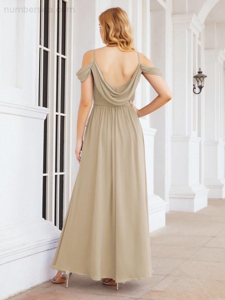 Numbersea Off The Shoulder Chiffon Bridesmaid Dress Long Formal Graduation Gown with Cowl Back 28069-numbersea
