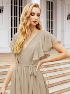 Numbersea Women's Open Back Formal Evening Party Prom Gowns V-Neck Long Chiffon Bridesmaid Dresses with Waist Belt 28038-numbersea