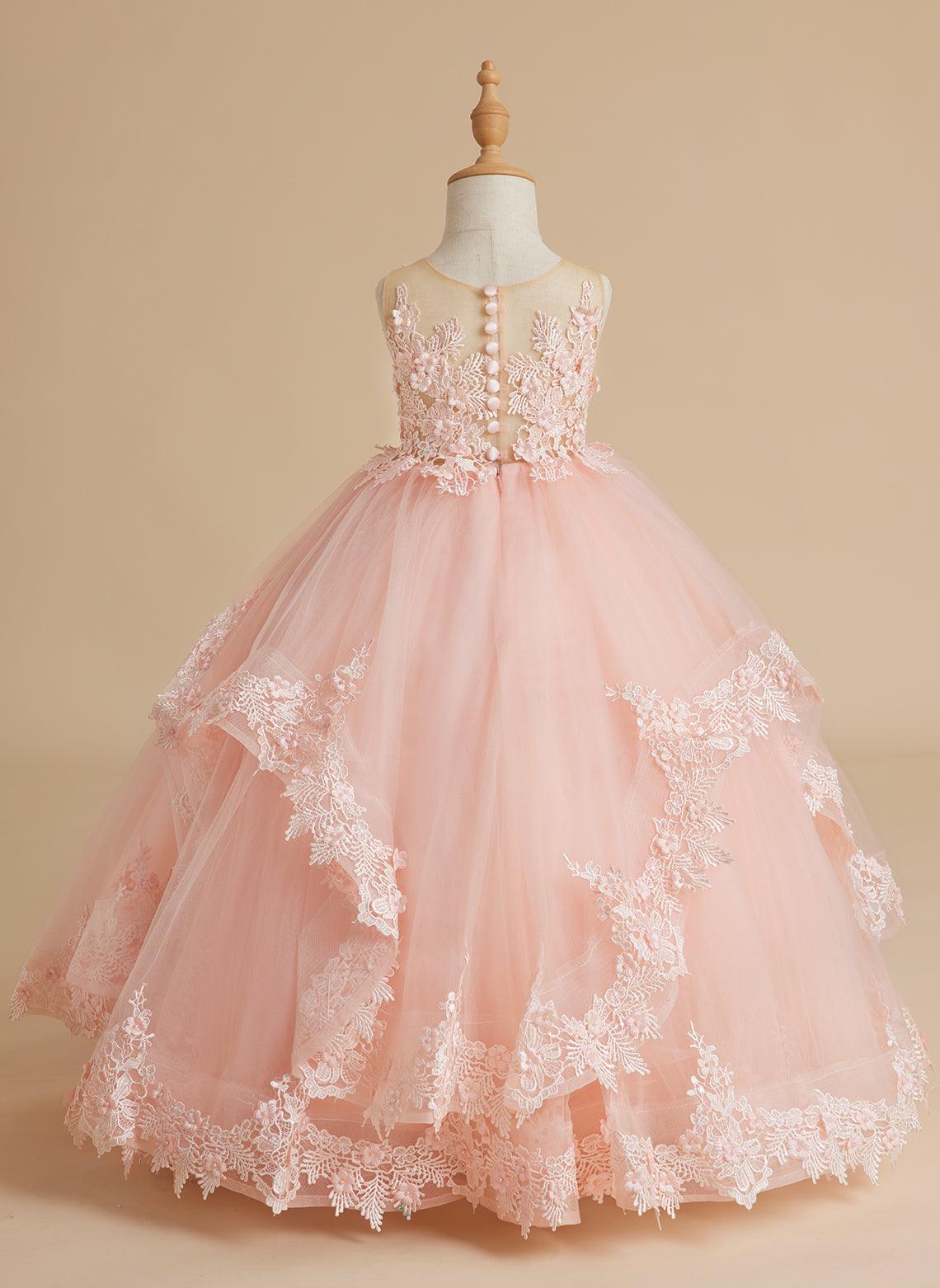 Vestido de princesa de tul sin mangas con apliques de encaje y cola larga para niñas 