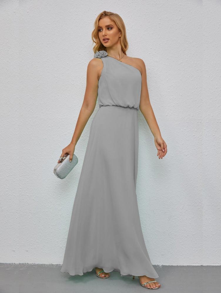 Ruffled One Shoulder Sleeveless Long Bridesmaid Dresses A-line Formal Evening Gown Side Split 28080-numbersea