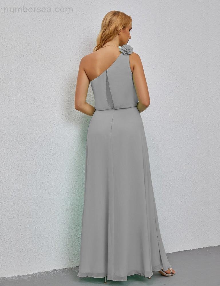 Ruffled One Shoulder Sleeveless Long Bridesmaid Dresses A-line Formal Evening Gown Side Split 28080-numbersea