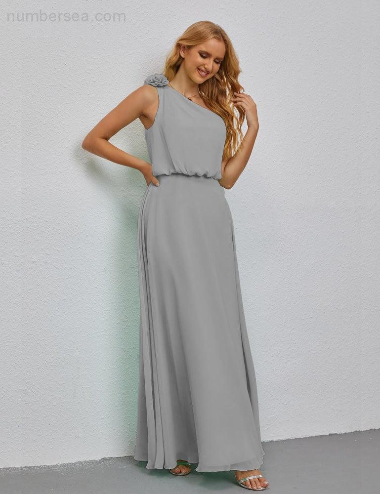 Ruffled One Shoulder Sleeveless Long Bridesmaid Dresses A-line Formal Evening Gown Side Split 28080-numbersea
