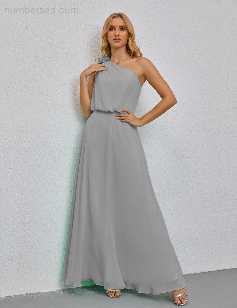 Ruffled One Shoulder Sleeveless Long Bridesmaid Dresses A-line Formal Evening Gown Side Split 28080-numbersea