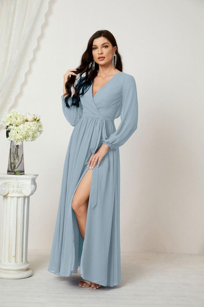 Numbersea Evening Dresses Deep V-Neck Chiffon Bridesmaid Dresses Long Bishop Sleeve Side Split Formal Dress 2806-numbersea