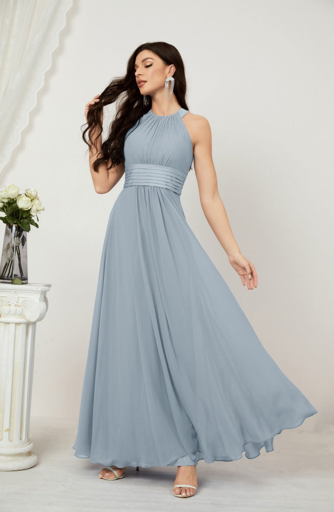 Numbersea Formal Party Gown Dress Chiffon Halter Long Sleeveless Bridesmaid Dresses 2802 Grey