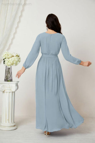 Numbersea Evening Dresses Deep V-Neck Chiffon Bridesmaid Dresses Long Bishop Sleeve Side Split Formal Dress 2806-numbersea