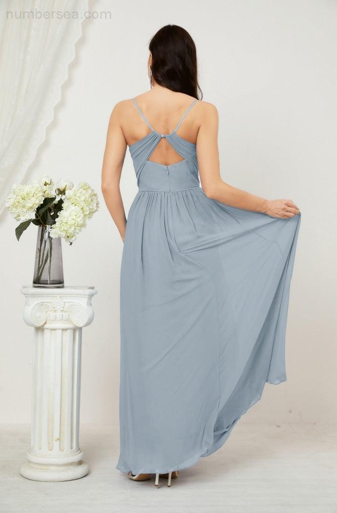 Numbersea Neck Bridesmaid Dresses Chiffon Long Spaghetti A-Line Formal Prom Gown For Wedding Party