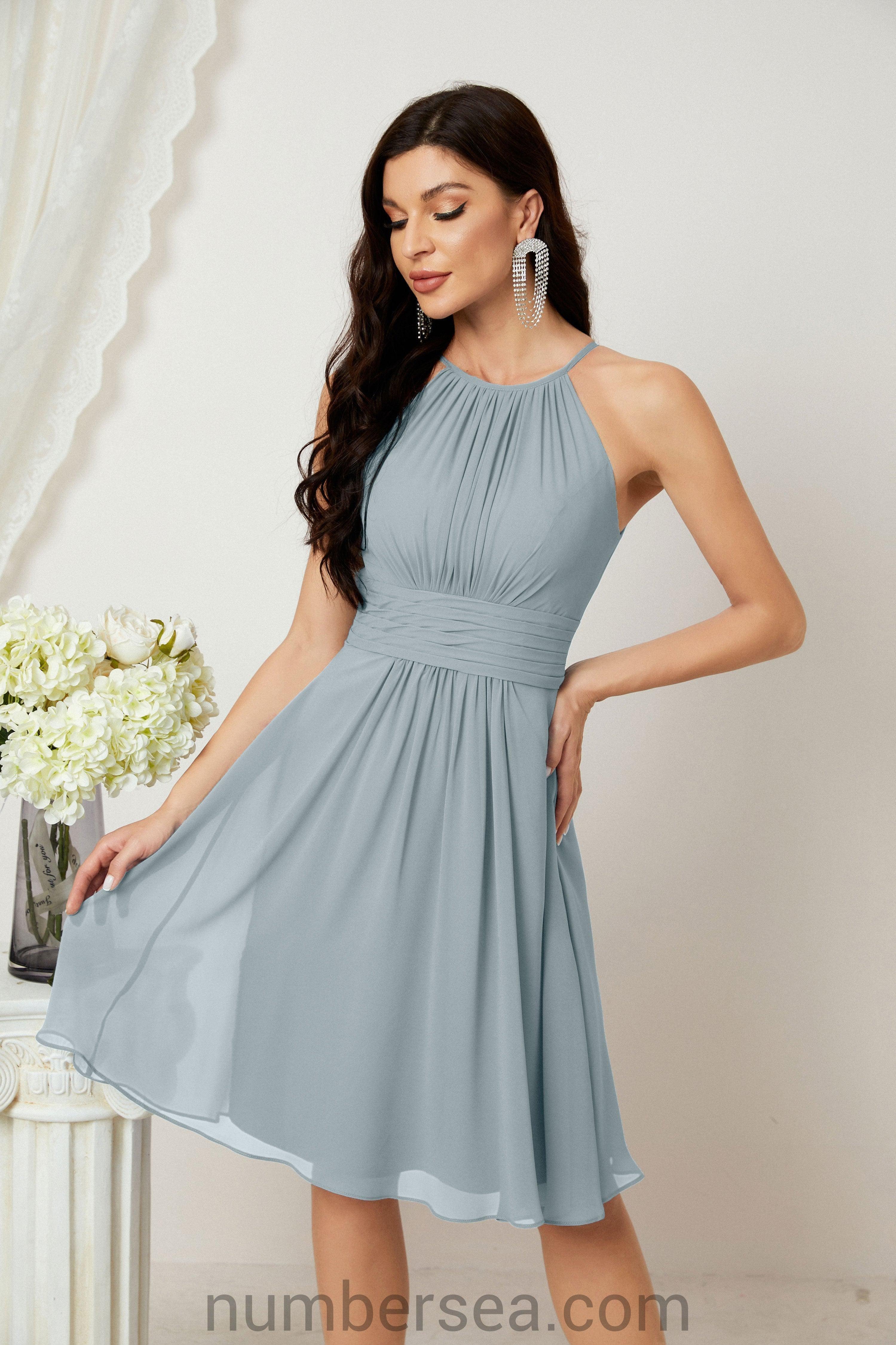 Halter Bridesmaid Dresses Knee Length A Line Formal Evening Party Cocktail Dress 28011