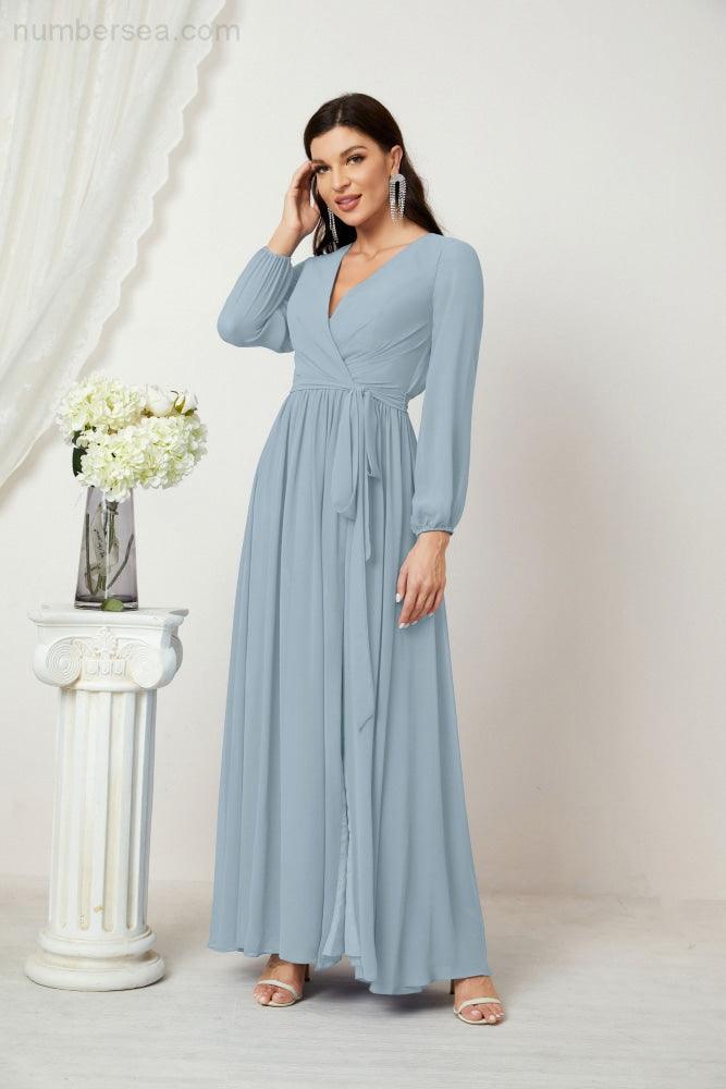 Numbersea Evening Dresses Deep V-Neck Chiffon Bridesmaid Dresses Long Bishop Sleeve Side Split Formal Dress 2806-numbersea