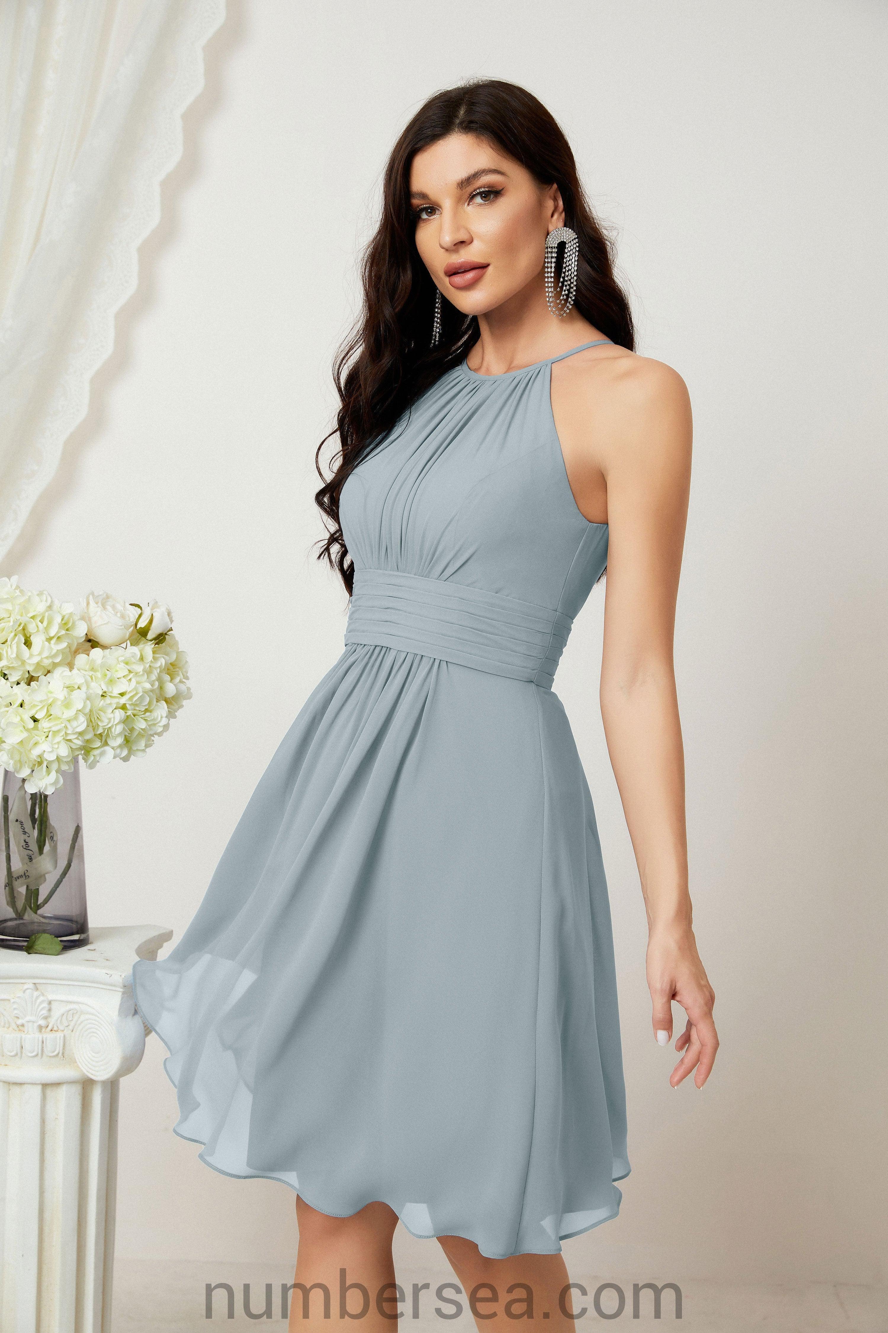 Halter Bridesmaid Dresses Knee Length A Line Formal Evening Party Cocktail Dress 28011