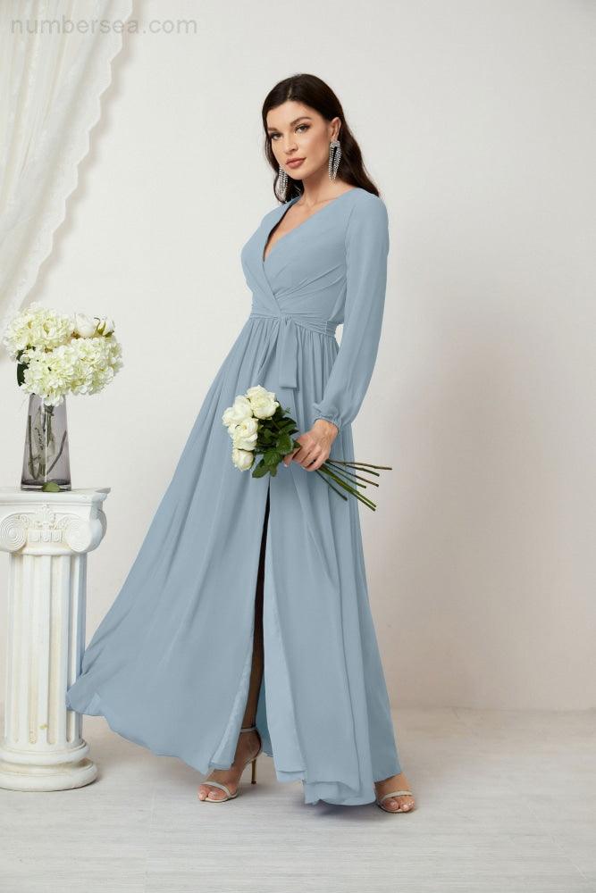 Numbersea Evening Dresses Deep V-Neck Chiffon Bridesmaid Dresses Long Bishop Sleeve Side Split Formal Dress 2806-numbersea