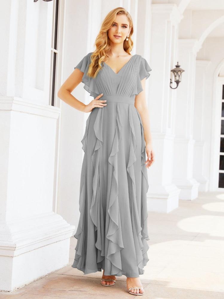Ruffled Bridesmaid Dresses with Sleeves Long Formal Party Dress 28041-numbersea