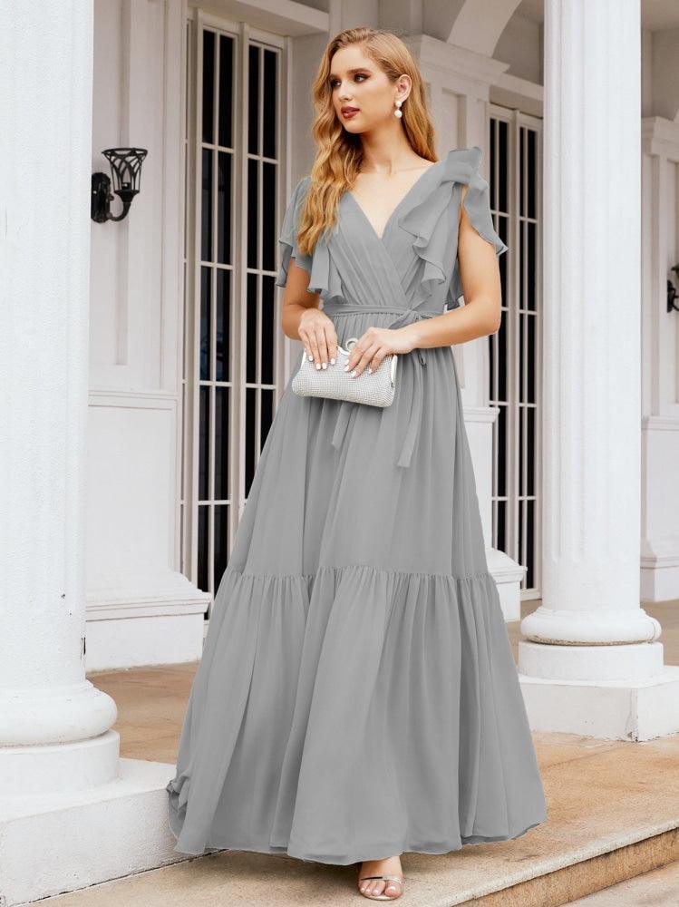 Numbersea Women's Open Back Formal Evening Party Prom Gowns V-Neck Long Chiffon Bridesmaid Dresses with Waist Belt 28038-numbersea