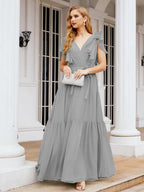 Numbersea Women's Open Back Formal Evening Party Prom Gowns V-Neck Long Chiffon Bridesmaid Dresses with Waist Belt 28038-numbersea