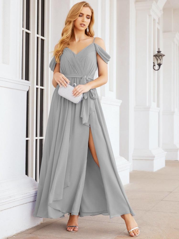 Numbersea Off The Shoulder Chiffon Bridesmaid Dress Long Formal Graduation Gown with Cowl Back 28069-numbersea
