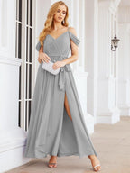 Numbersea Off The Shoulder Chiffon Bridesmaid Dress Long Formal Graduation Gown with Cowl Back 28069-numbersea