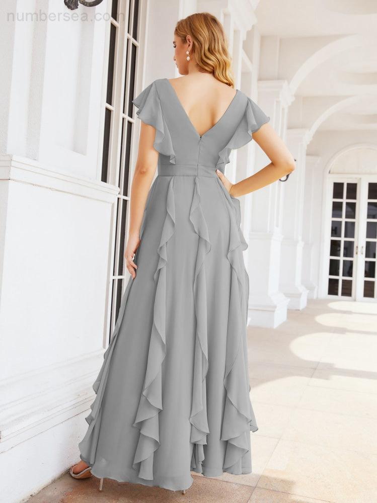 Ruffled Bridesmaid Dresses with Sleeves Long Formal Party Dress 28041-numbersea