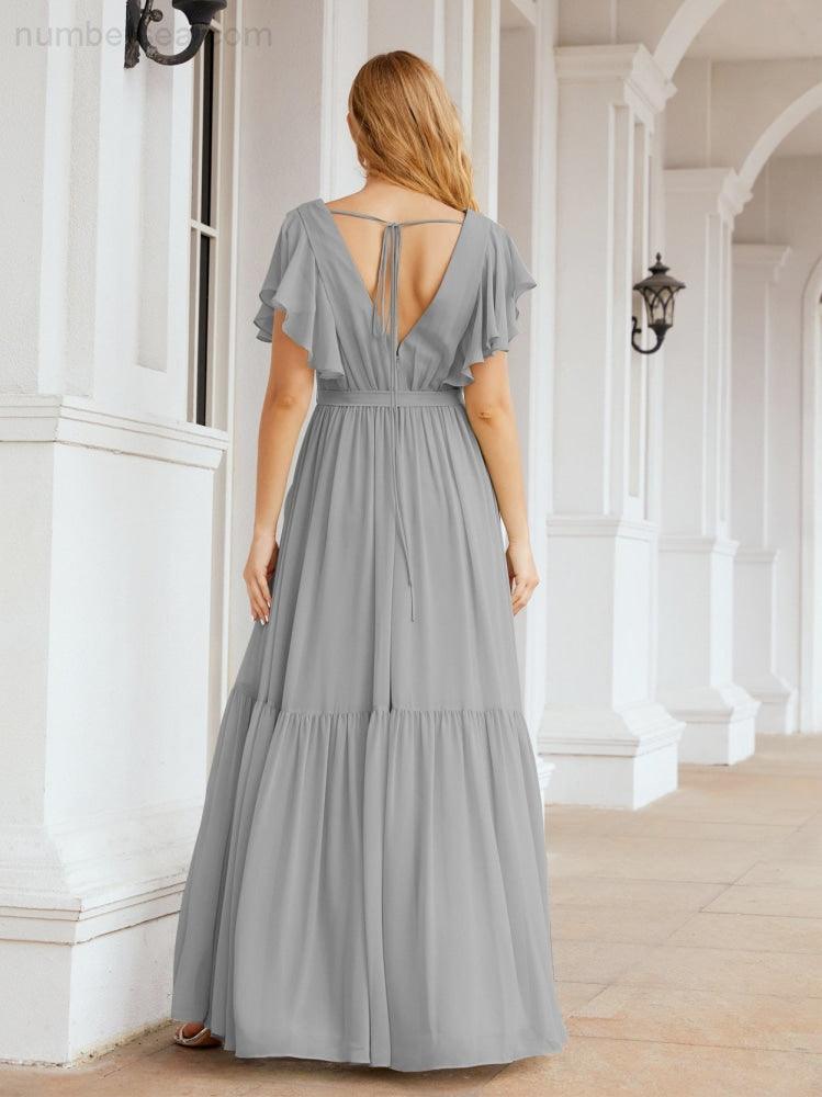 Numbersea Women's Open Back Formal Evening Party Prom Gowns V-Neck Long Chiffon Bridesmaid Dresses with Waist Belt 28038-numbersea