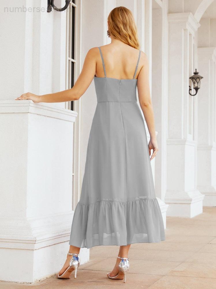 Numbersea Women Strap Chiffon Bridesmaid Dress Ankle Length Sleeveless Blackless Ruffle A Line