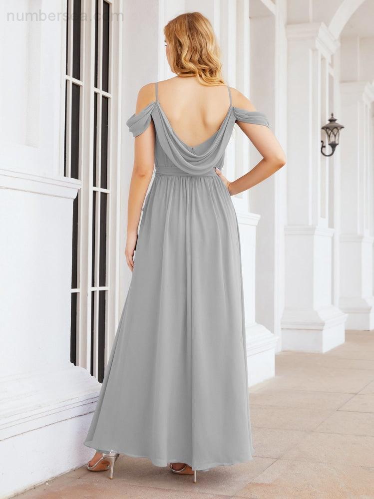 Numbersea Off The Shoulder Chiffon Bridesmaid Dress Long Formal Graduation Gown with Cowl Back 28069-numbersea
