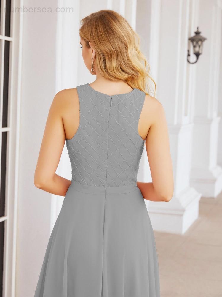 Numbersea Ladies Sleeveless Round Neck Chiffon Beaded and Floor Length Bridesmaid Dress Party Wedding Prom Evening Dress 28076 - numbersea