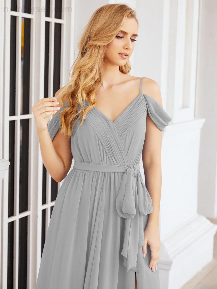 Numbersea Off The Shoulder Chiffon Bridesmaid Dress Long Formal Graduation Gown with Cowl Back 28069-numbersea