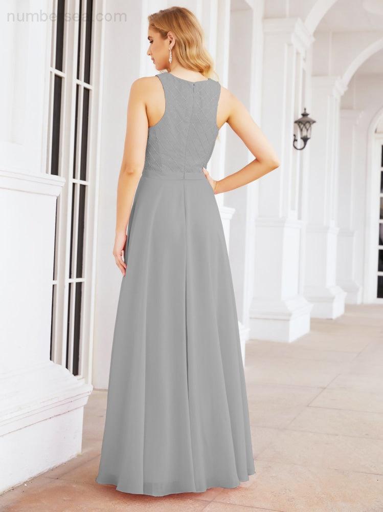 Numbersea Ladies Sleeveless Round Neck Chiffon Beaded and Floor Length Bridesmaid Dress Party Wedding Prom Evening Dress 28076 - numbersea