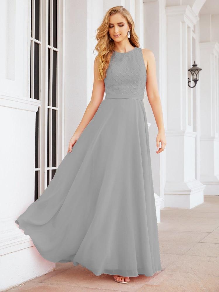 Numbersea Ladies Sleeveless Round Neck Chiffon Beaded and Floor Length Bridesmaid Dress Party Wedding Prom Evening Dress 28076 - numbersea
