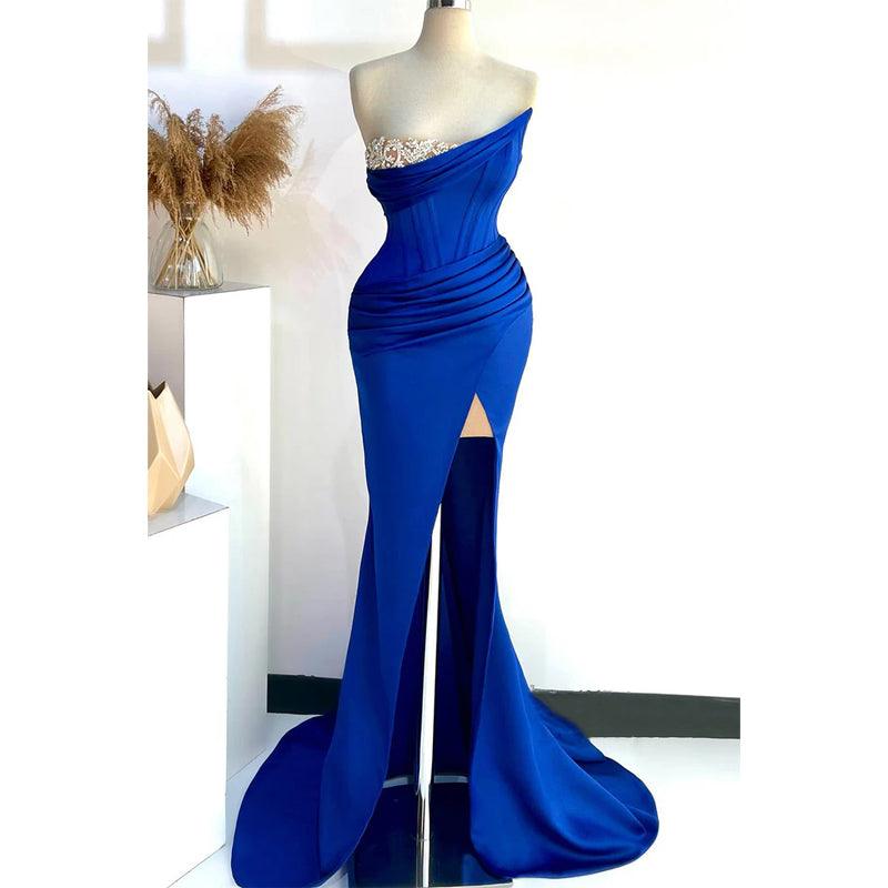 Vestido de noche para fiesta de graduación sin tirantes, con cuentas, corte trompeta fruncido y abertura lateral 