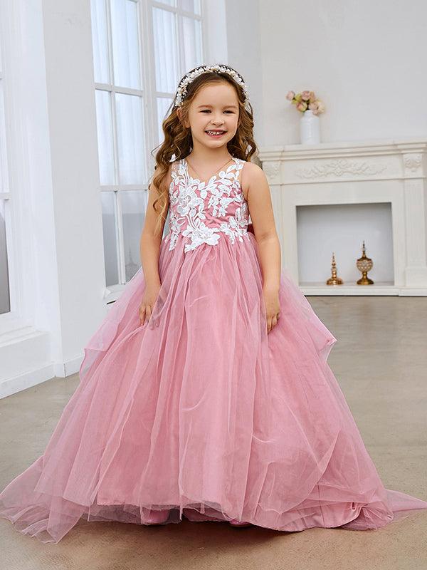 Vestido de princesa sin mangas de tul para niña de las flores con encaje y lazo rosa (010224320) 