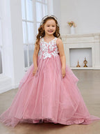 Vestido de princesa sin mangas de tul para niña de las flores con encaje y lazo rosa (010224320) 